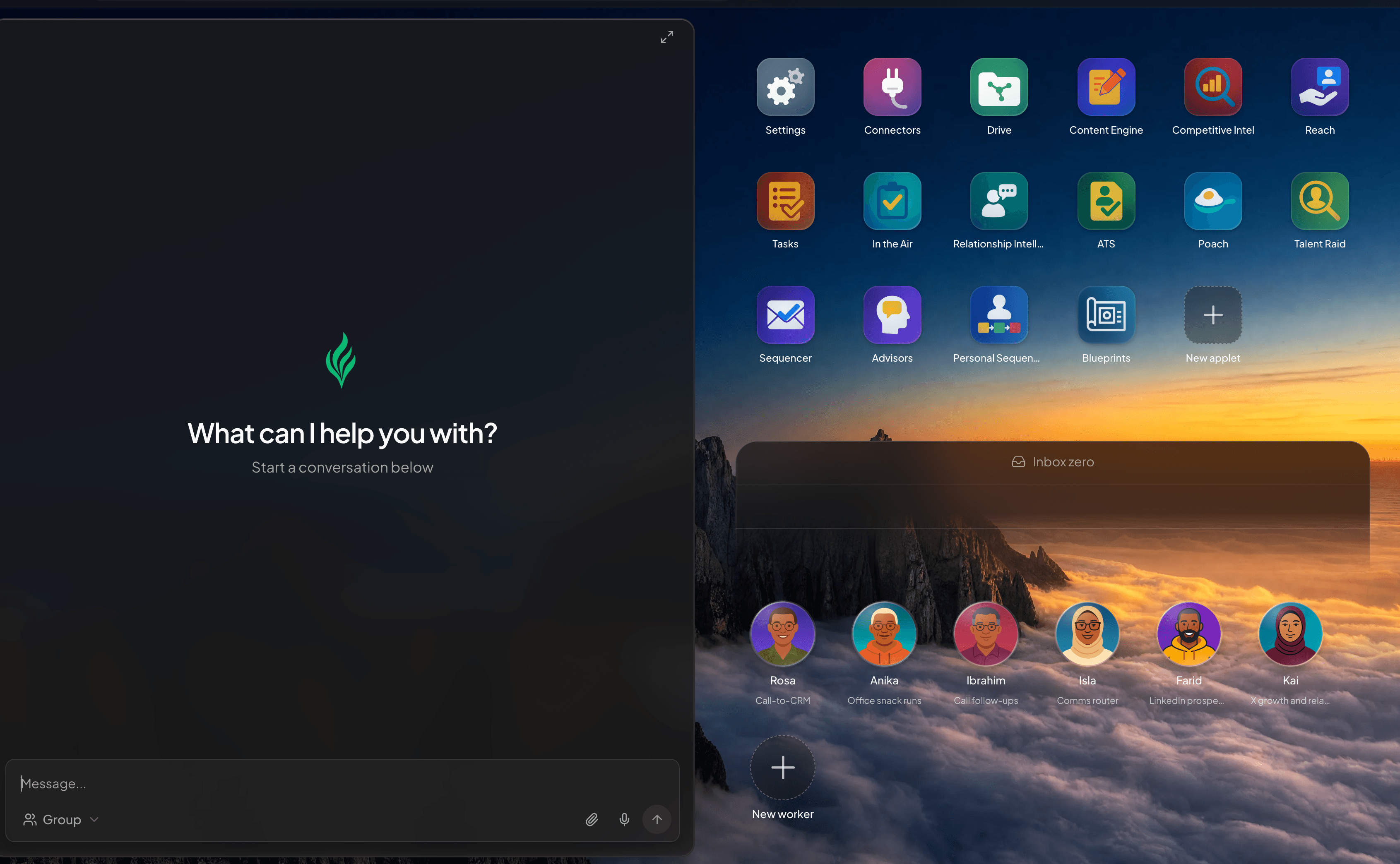 The Northlight AI Desktop: a chat on the left, your applets in a grid, and your workers along the bottom
