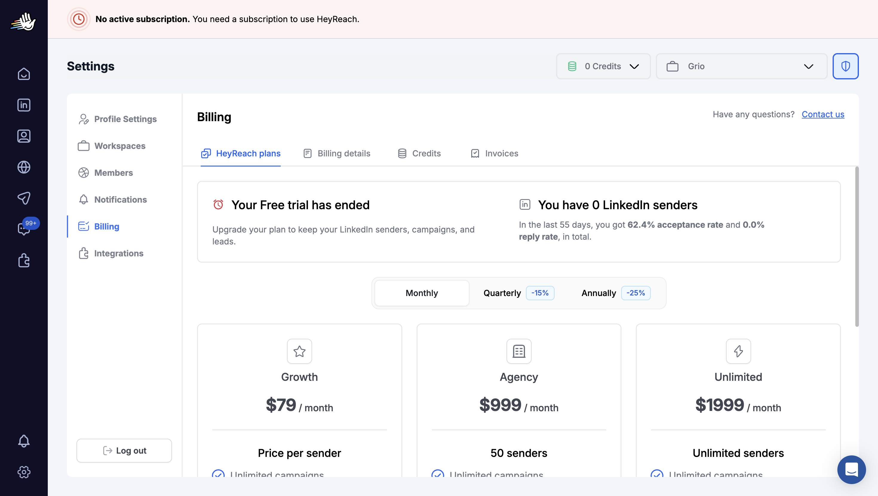 HeyReach billing page: Growth $79/month, Agency $999/month, Unlimited $1999/month
